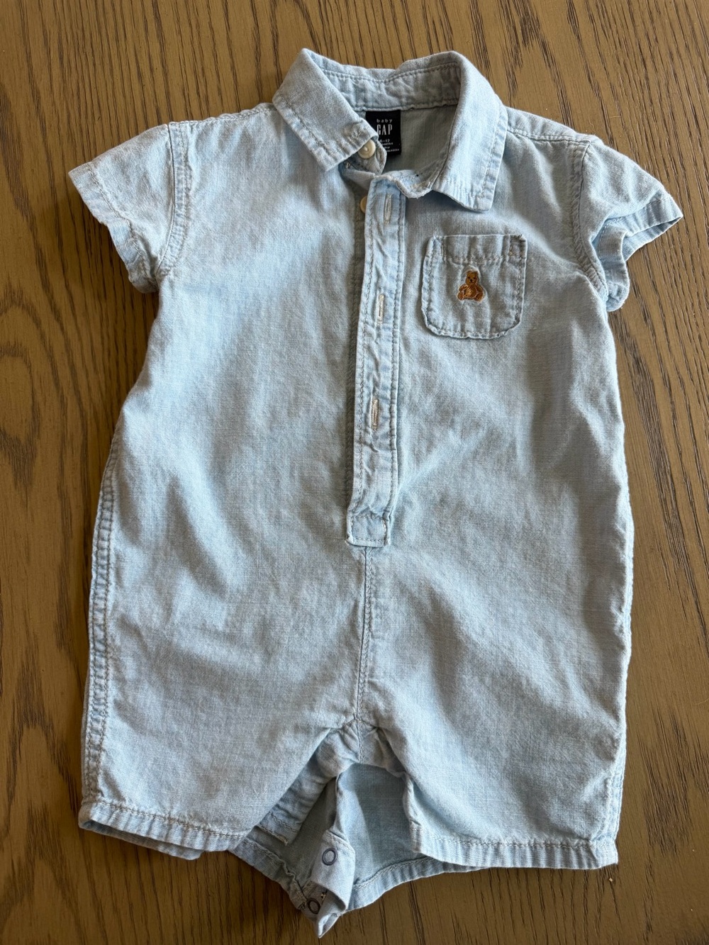 GAP Light Denim Short-Sleeve Baby Romper with Chest Pocket